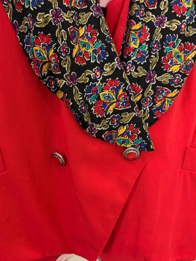 Leslie Fay Vintage Red Vest Floral Shawl Collar Double Breasted Rayon Size 38 — photo 1