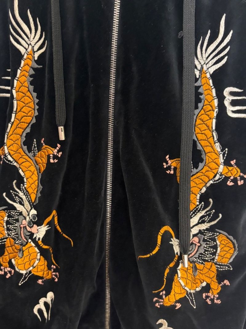 Gucci Black Velvet Dragon Embroidered Web Stripe Zip Up Hoodie Mens Large — photo 1